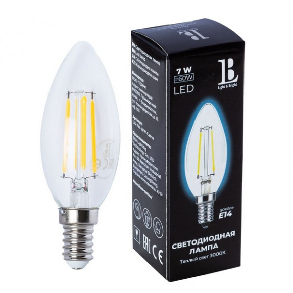 Лампочка светодиодная филаментная  E14-7W-WW-candle filament_lb